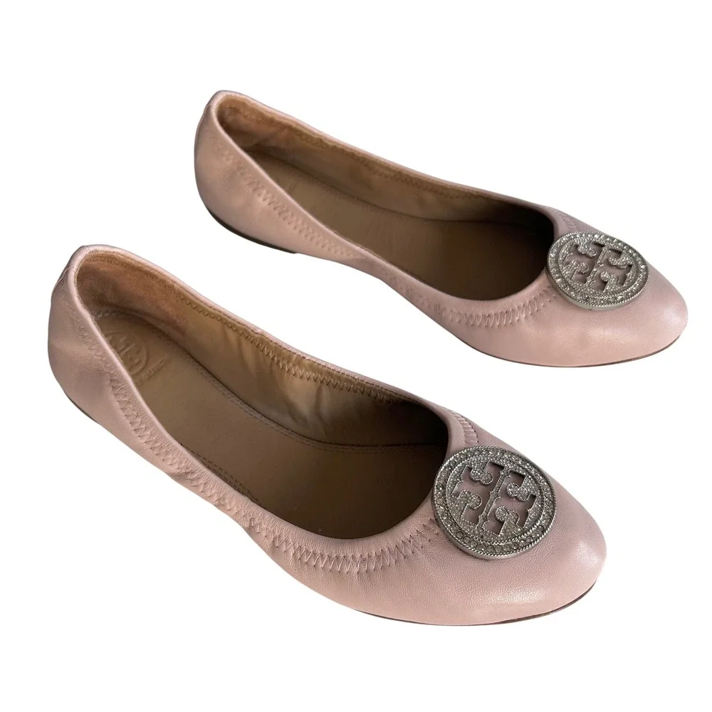 Tory Burch Minnie Travel Ballet Flats size 8 Pink Leather Crystal Medallion
